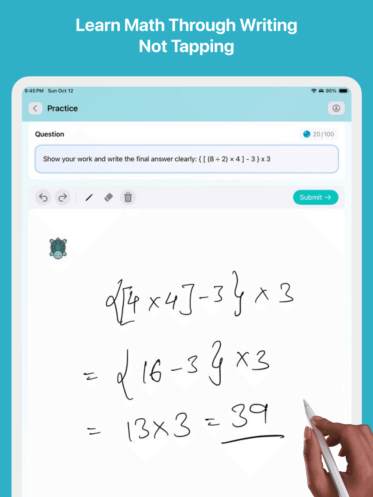 iPad screenshot showing handwriting recognition for math problems with Apple Pencil